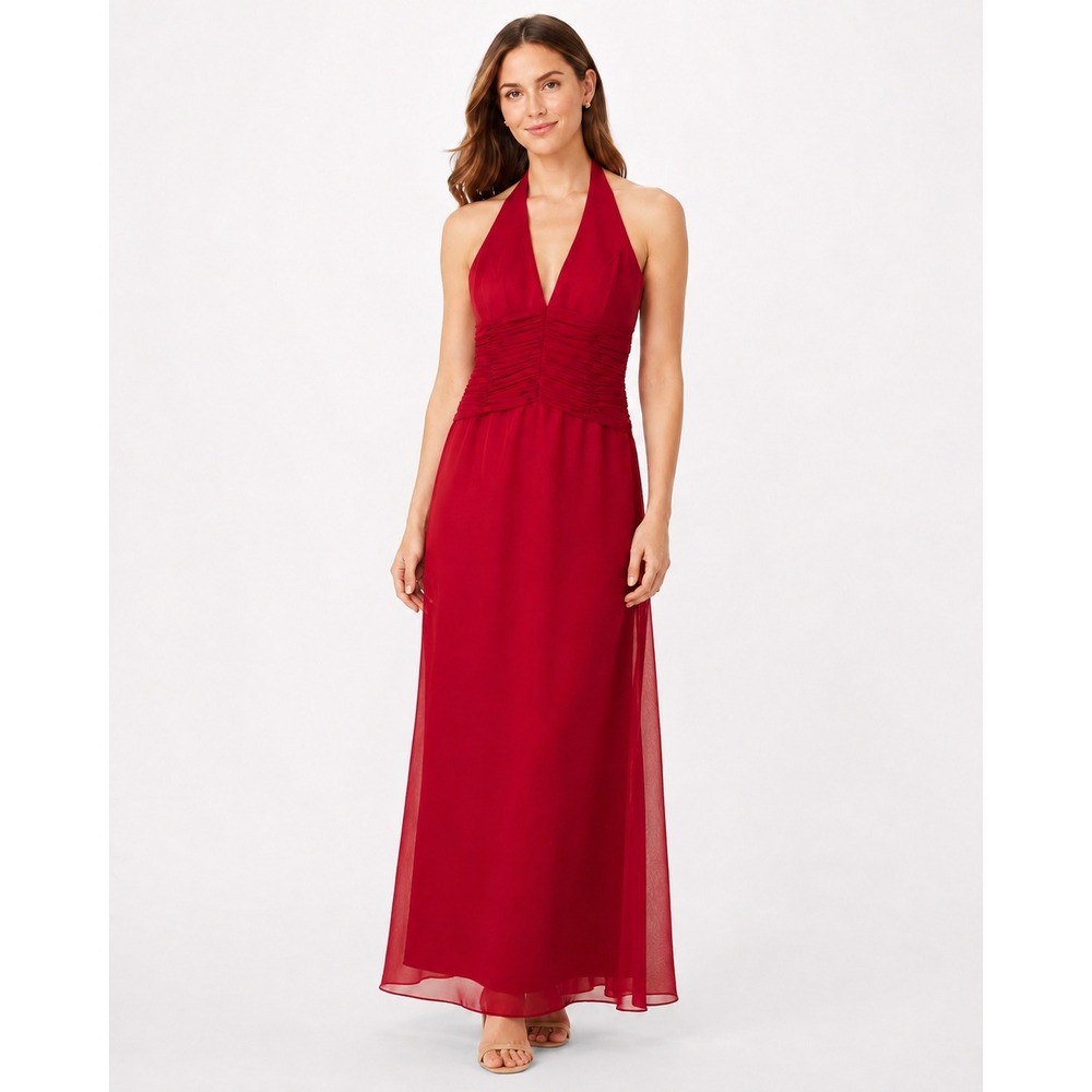 Jordan Fashions Women's 6 Red Chiffon Halter Ruched Formal Maxi Dress